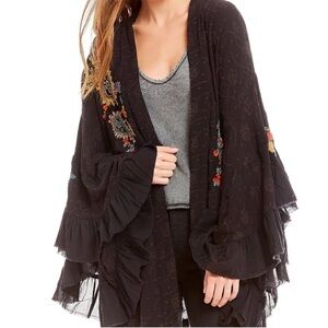 Free People Black Dottie West Embroidered Ruffled Kimono